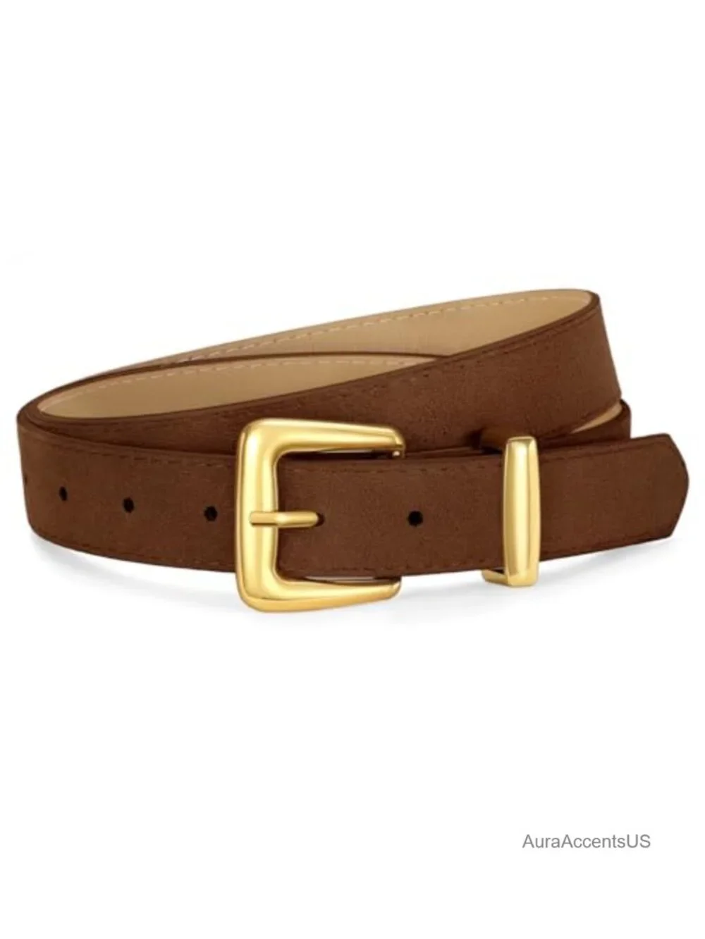 Women's Suede Leather Belt with Vintage Gold Buckle - Adjustable Casual Waist
